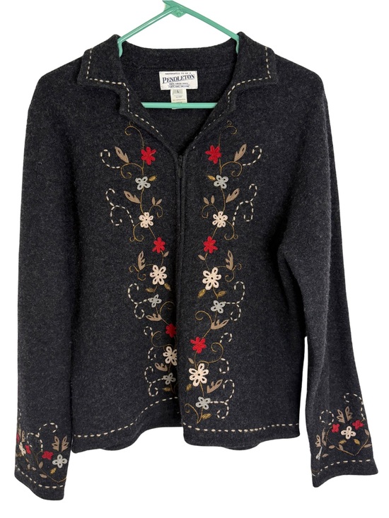 Pendleton Sweaters - Pendleton Gray 100% Virgin Wool Floral Embroidered Full Zip Cardigan Sweater